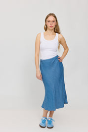 Denim Bias-Cut Skirt - Dark Blue Wash