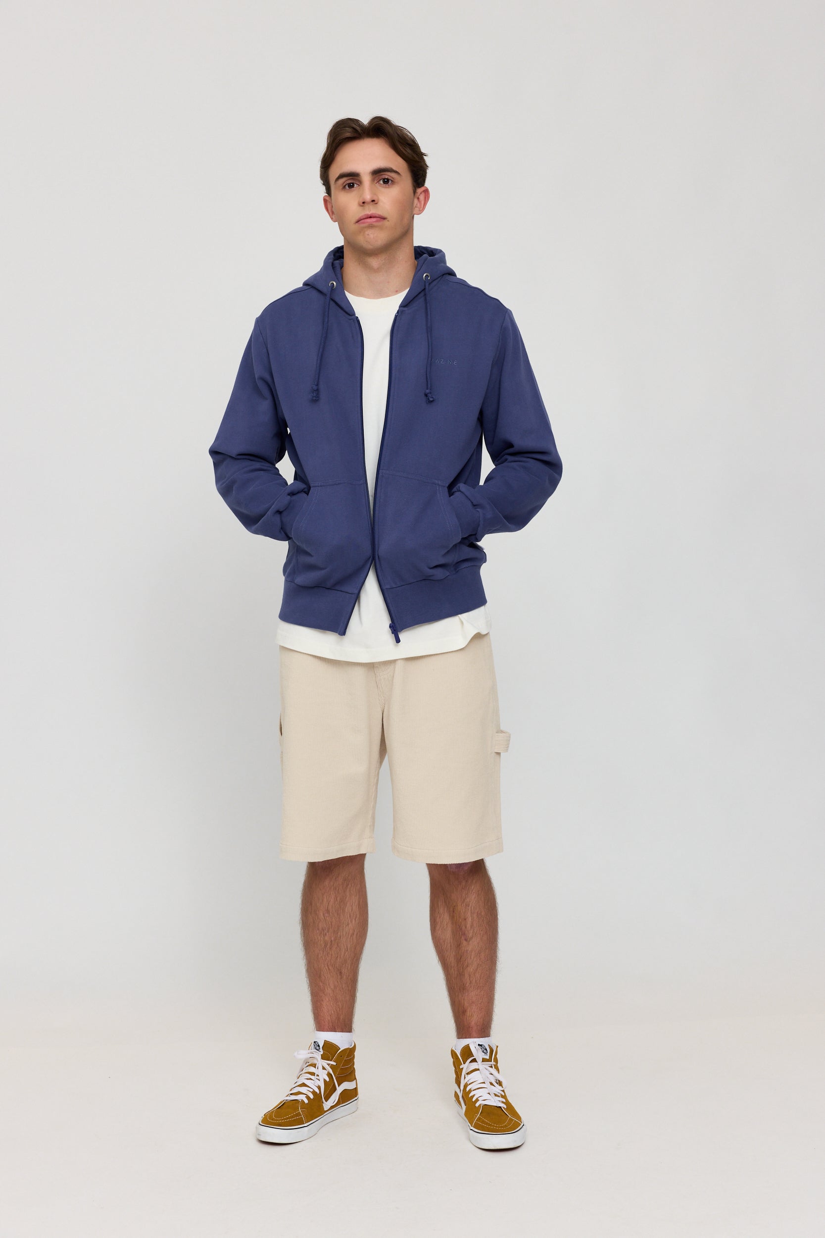 Mann in blauer Jacke und beigen Shorts steht