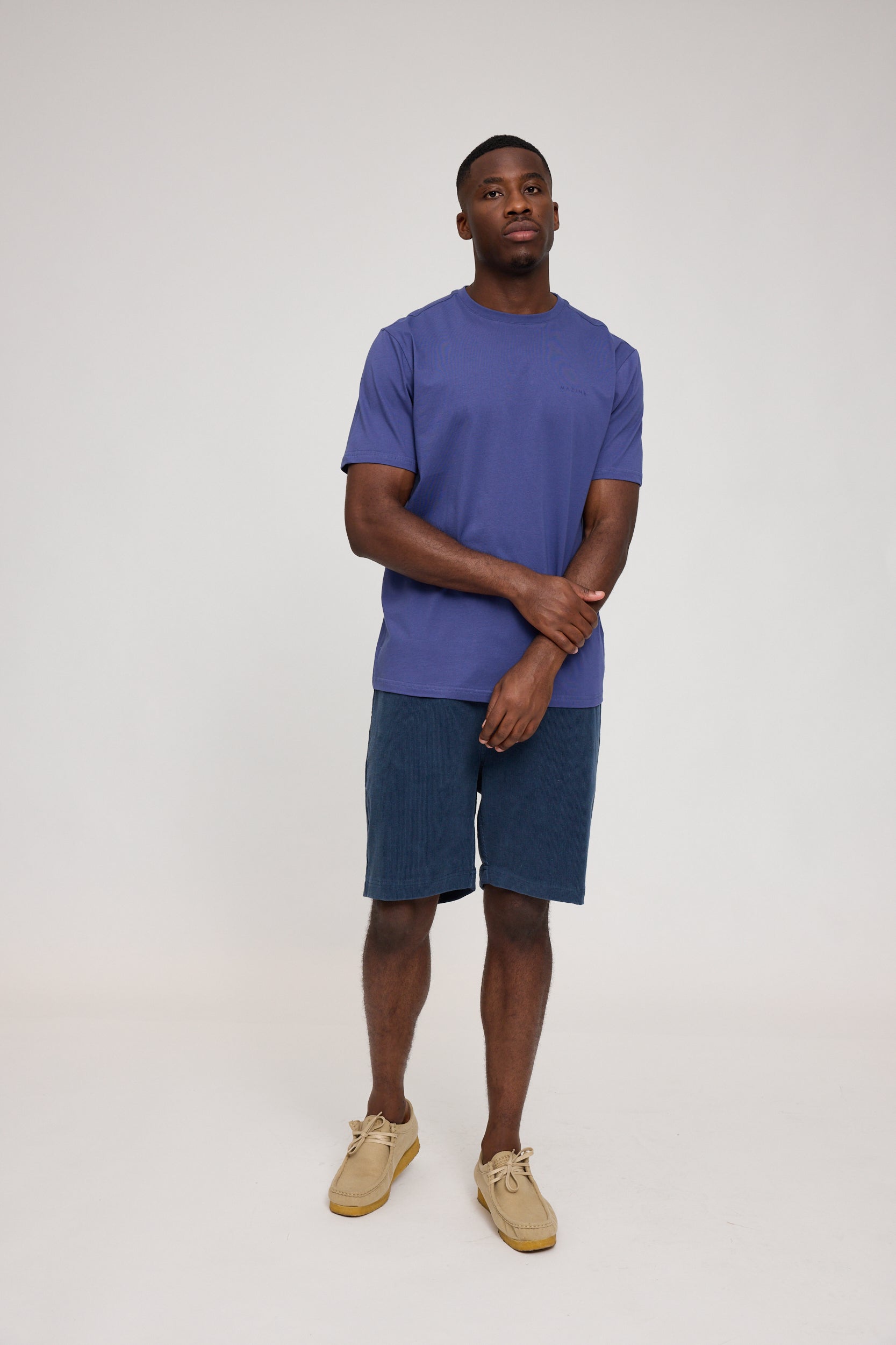 Mann in blauem Shirt und Shorts steht gerade