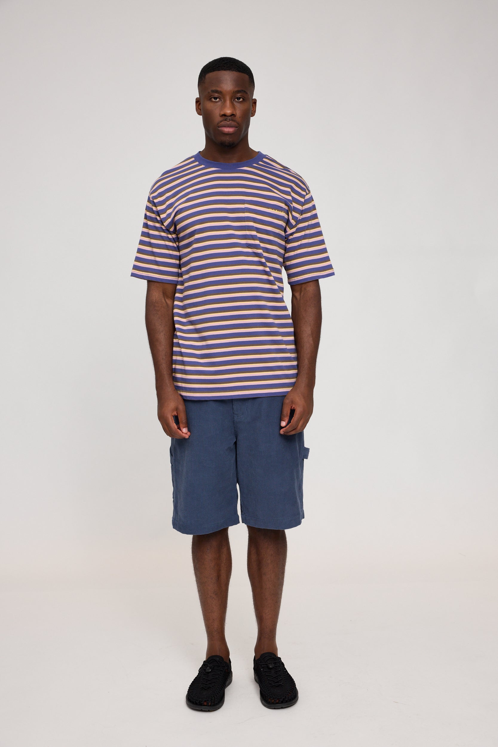 Mann in gestreiftem Shirt und Jeansshorts