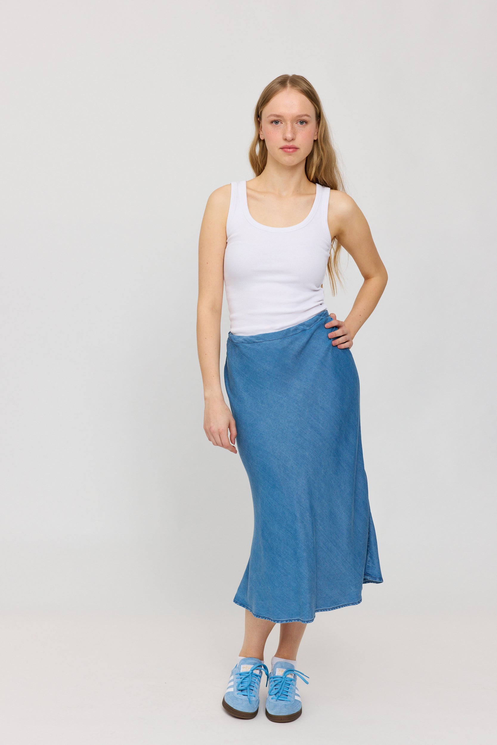 Denim Bias-Cut Skirt - Dark Blue Wash