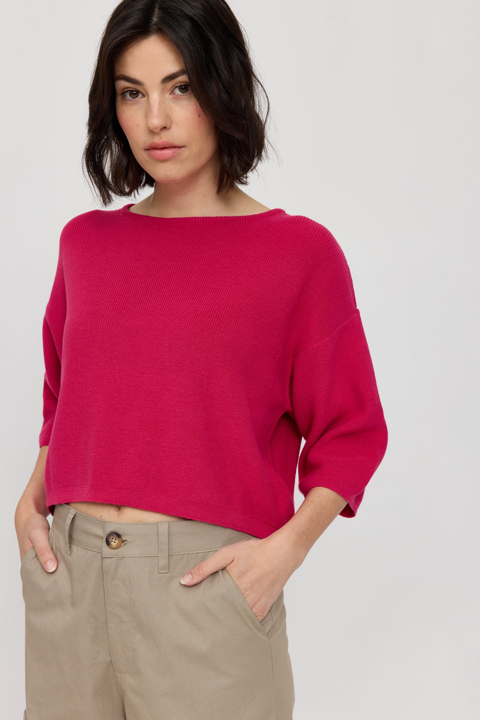 Fine Knit Jumper Half Sleeve - Magenta Pink