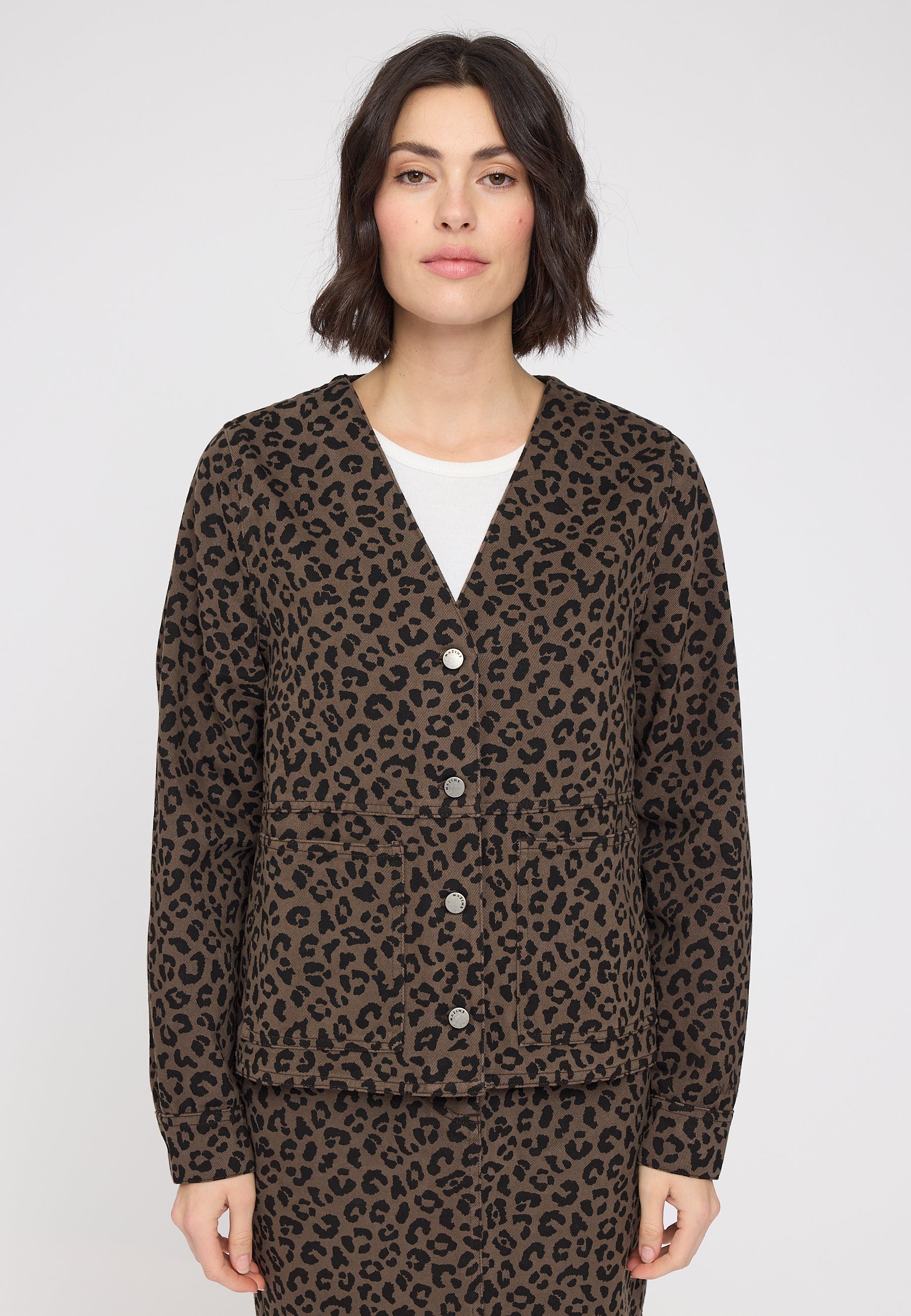 Printed V-Neck Denim Jacket - Chocolate Brown/ Printed