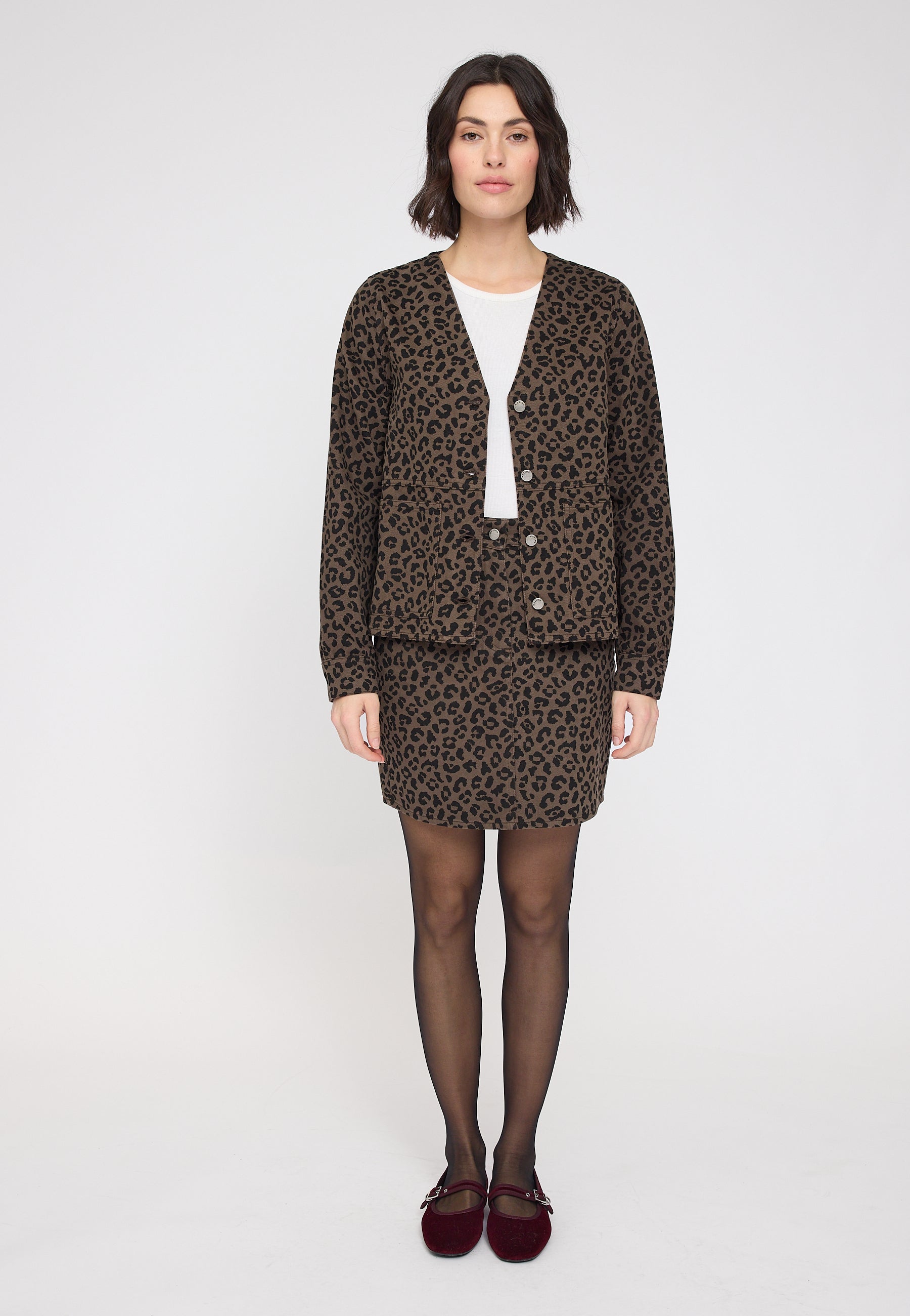 Printed V-Neck Denim Jacket - Chocolate Brown/ Printed