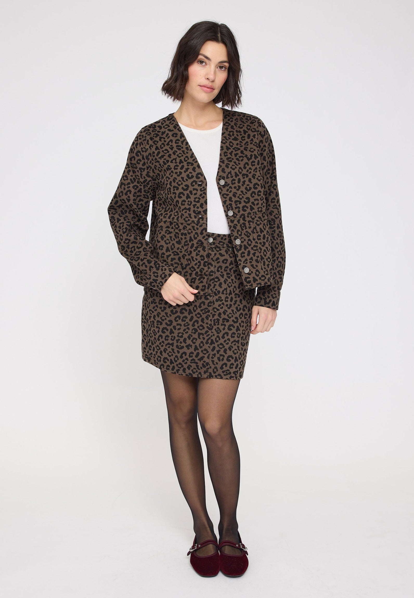 Printed V-Neck Denim Jacket - Chocolate Brown/ Printed