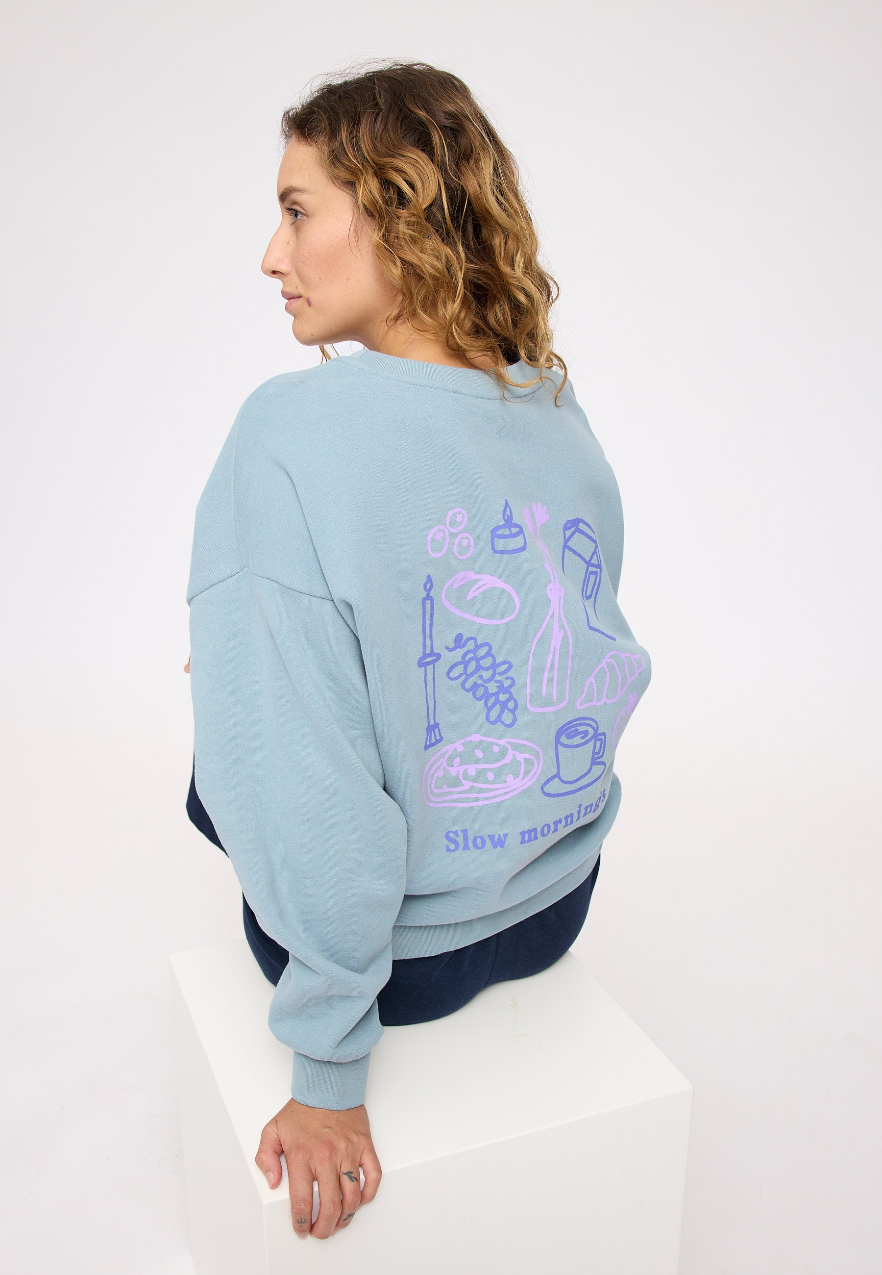 Back Print Sweatshirt - Dove Blue/ Breakfast Print