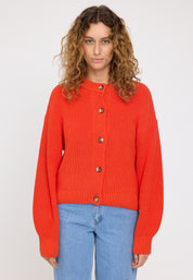 Chunky Knit Crew Neck Cardigan - Bright Red