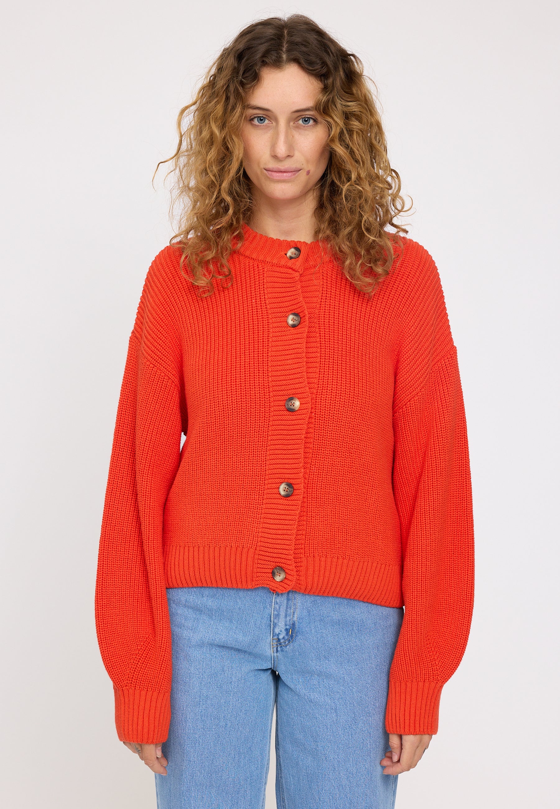 Chunky Knit Crew Neck Cardigan - Bright Red