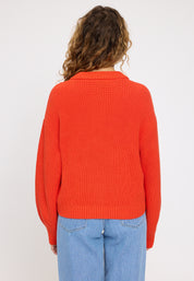 Chunky Knit Crew Neck Cardigan - Bright Red