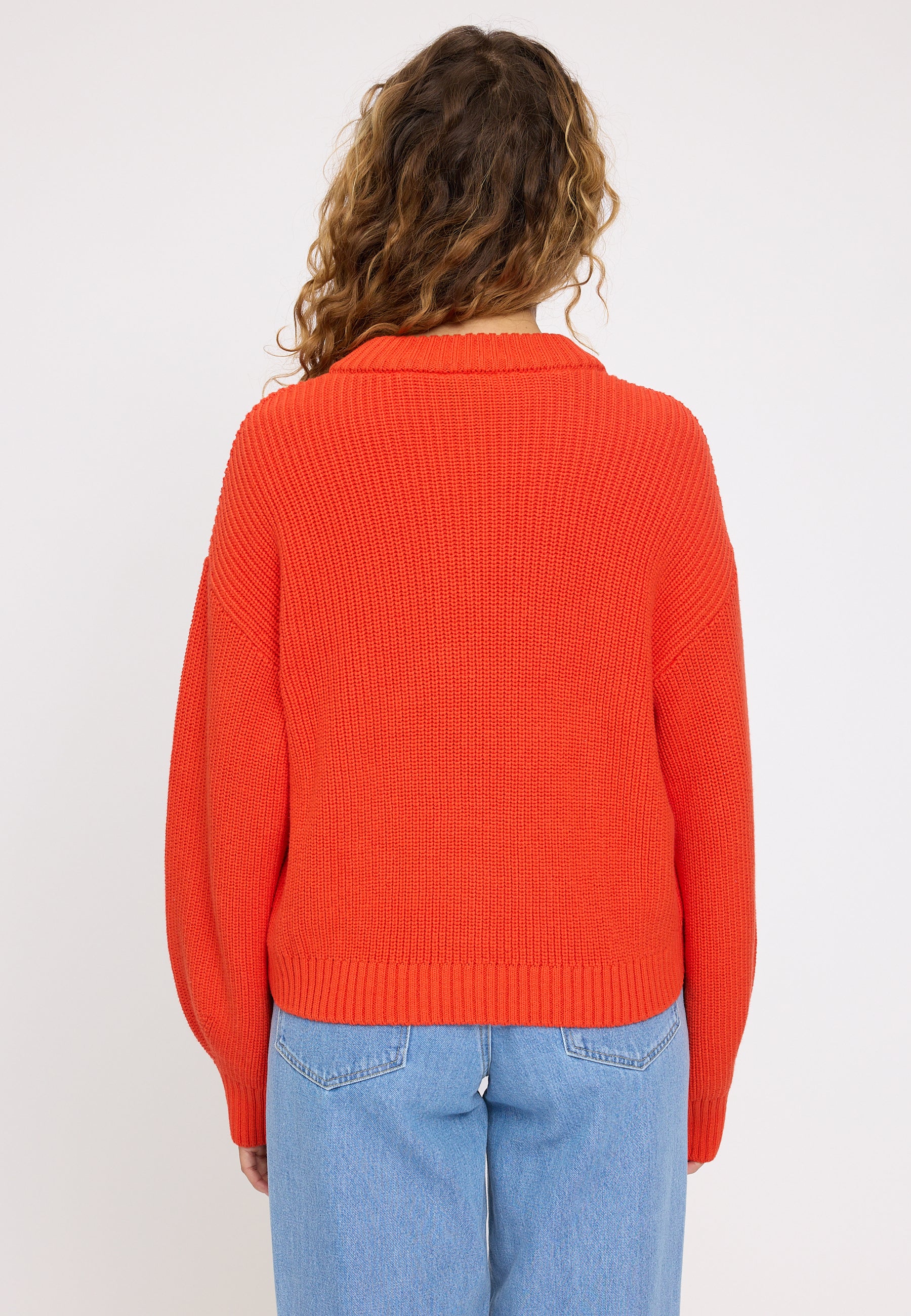 Chunky Knit Crew Neck Cardigan - Bright Red