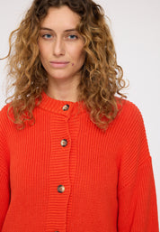 Chunky Knit Crew Neck Cardigan - Bright Red