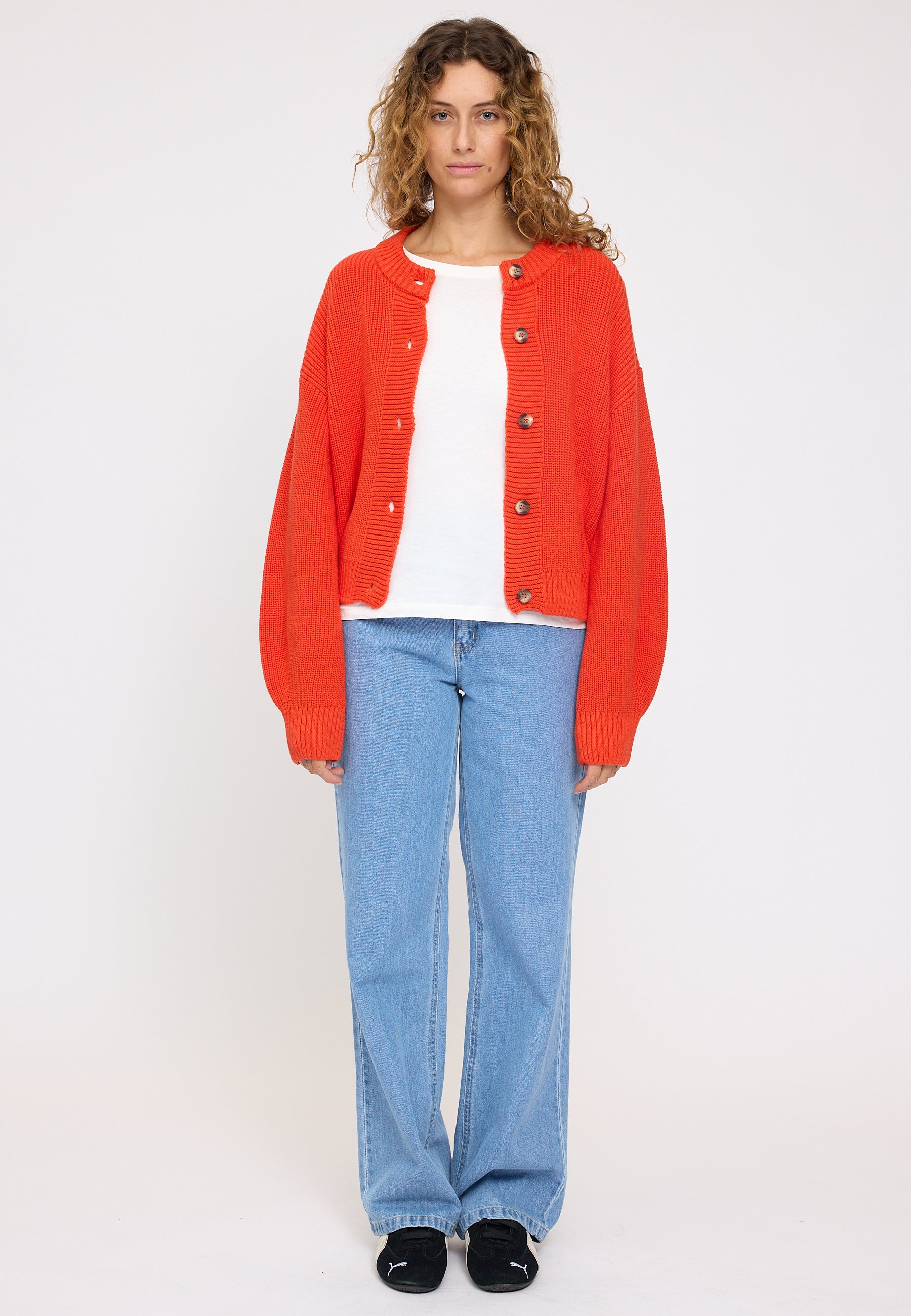 Chunky Knit Crew Neck Cardigan - Bright Red