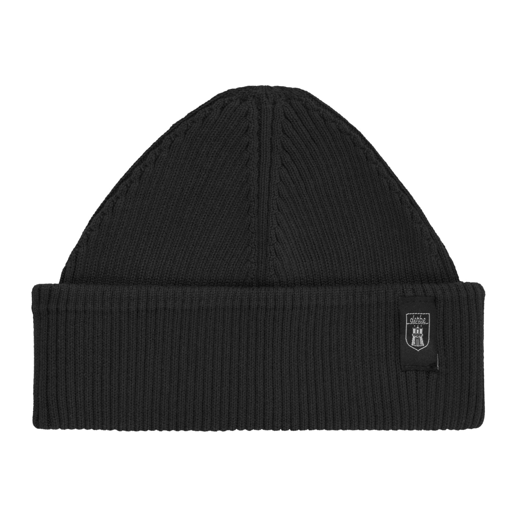 Schwarze Strickmütze mit Markenlogo auf Bündchen