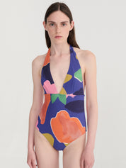 Blooming color pattern v-neck swimsuit