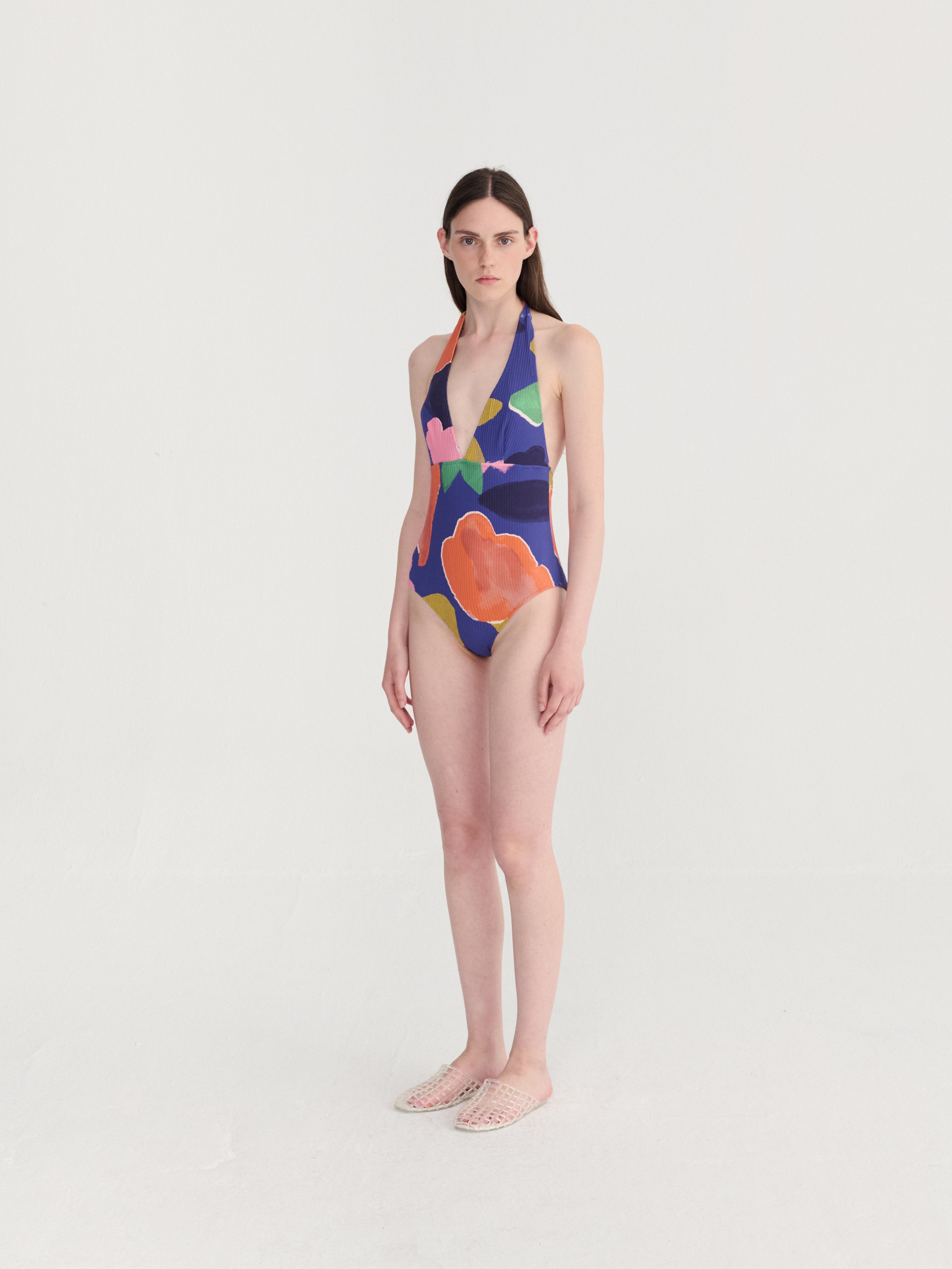 Blooming color pattern v-neck swimsuit