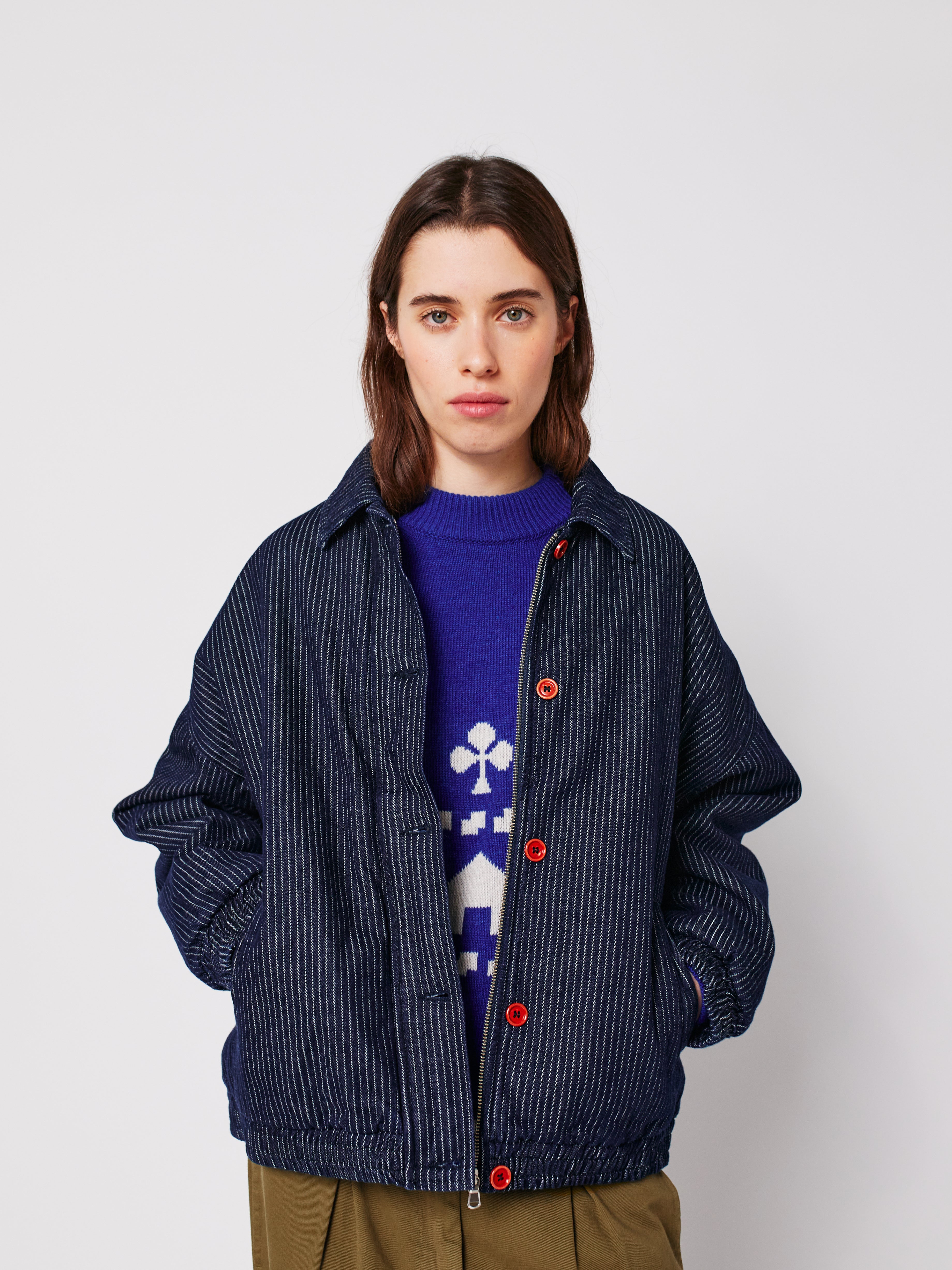 Denim Stripe Bomber Jacket - Navy Blue