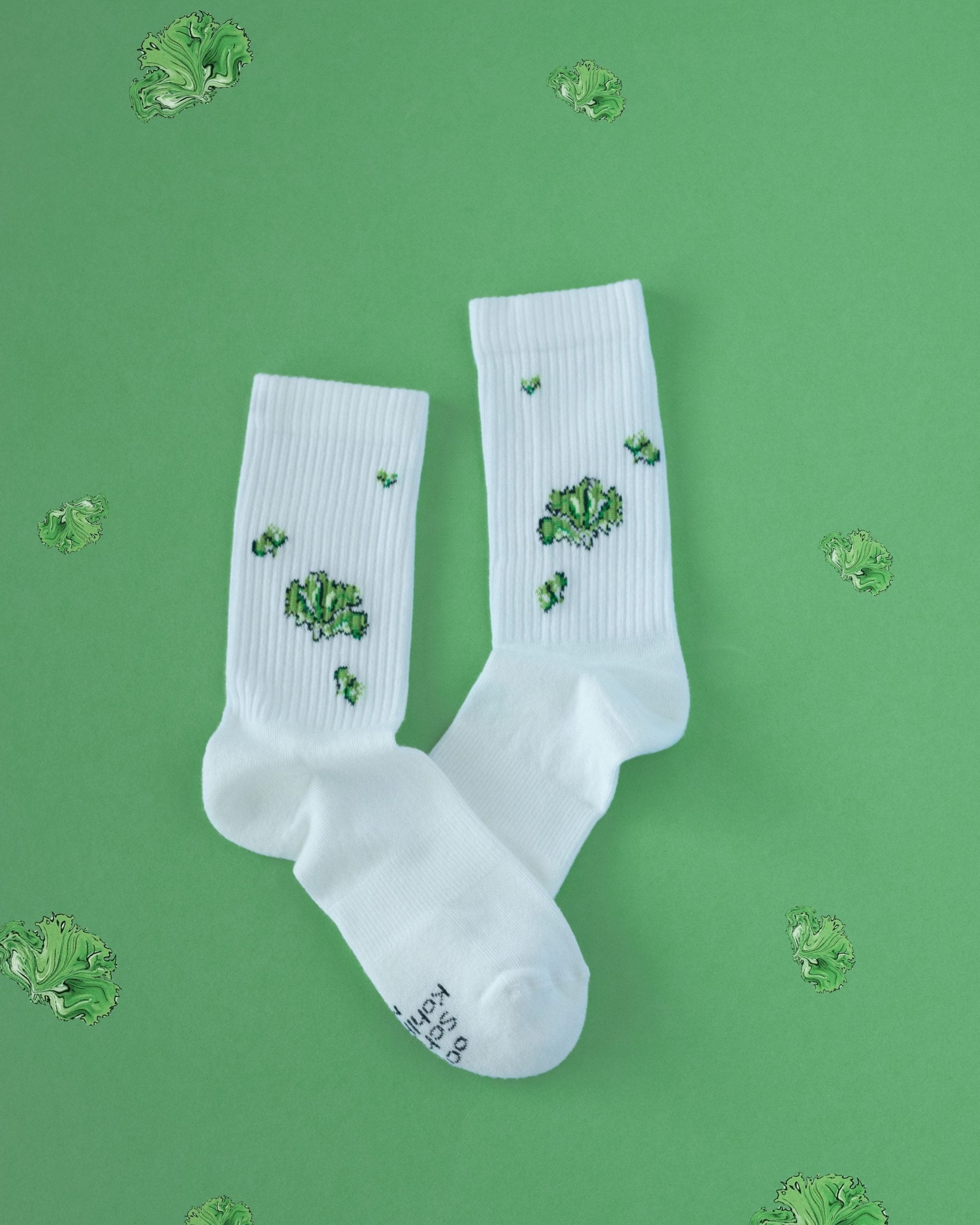 Weiße Socken mit grünen Kaktus-Stickereien auf grünem Hintergrund.