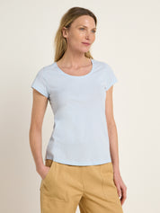 Frau in blauem T-Shirt und gelben Hosen