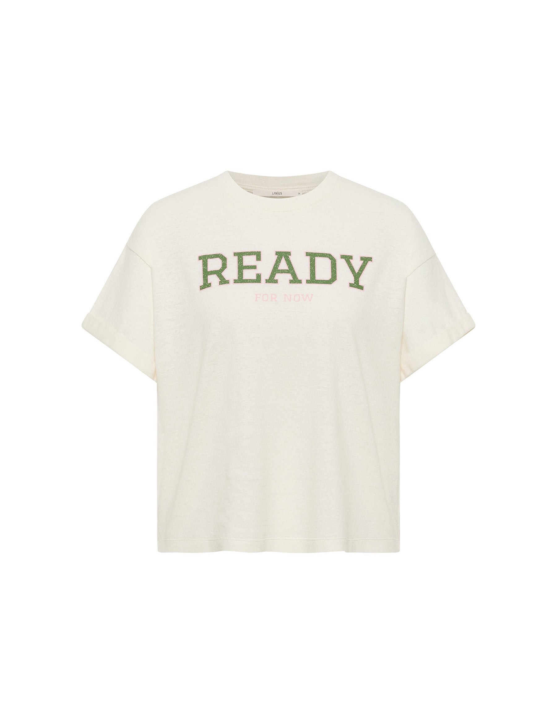Weißes T-Shirt mit grünem Schriftzug 'READY FOR NOW'