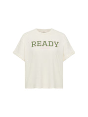Weißes T-Shirt mit grünem Schriftzug 'READY FOR NOW'