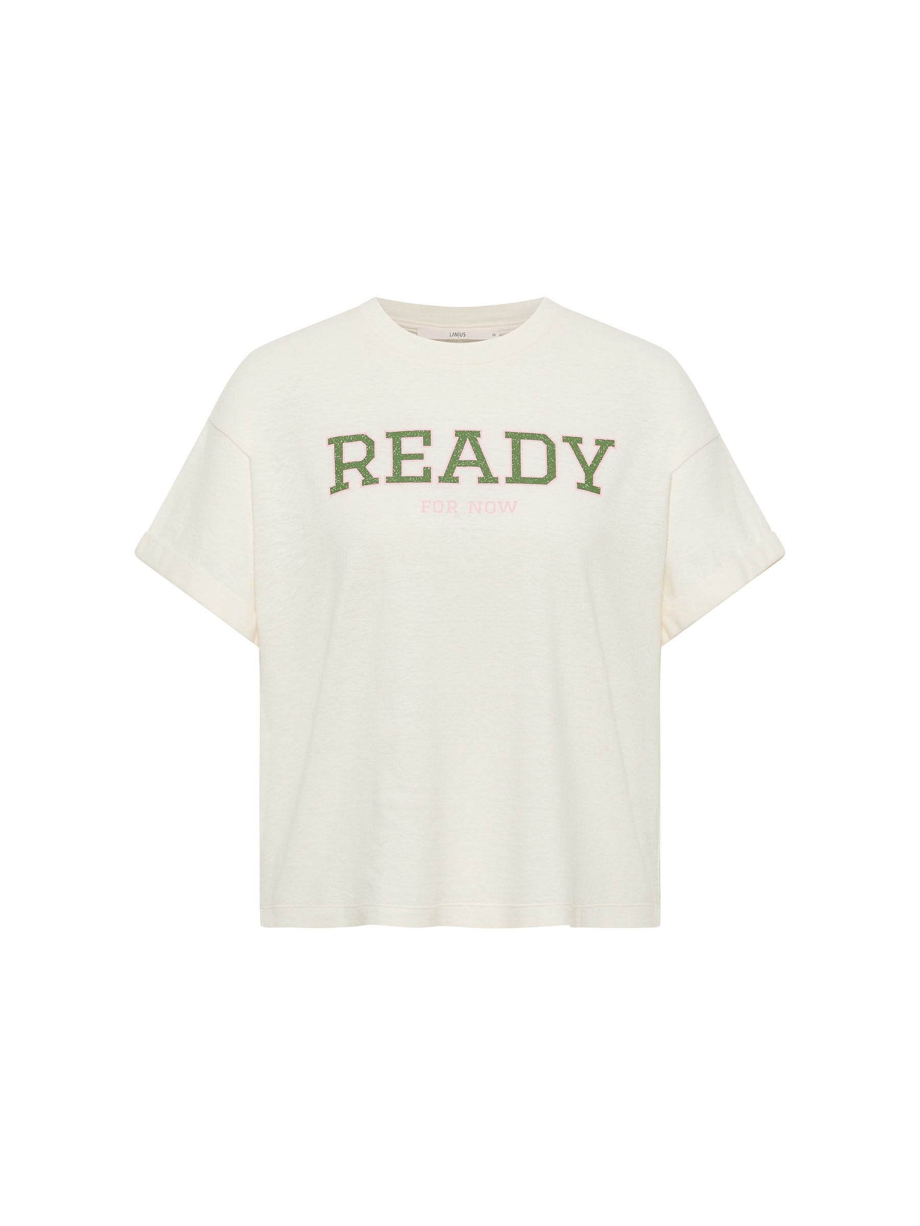 Weißes T-Shirt mit grünem Schriftzug 'READY FOR NOW'