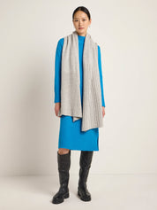 Frau in blauem Kleid und grauem Schal