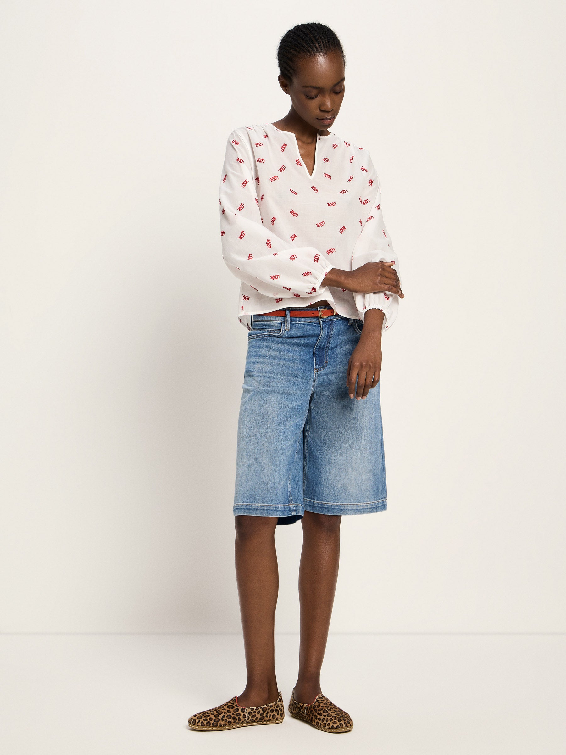 Langarm Bluse mit Kräuseln - Off White/ Love