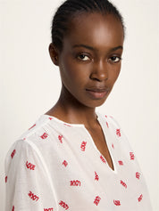 Langarm Bluse mit Kräuseln - Off White/ Love