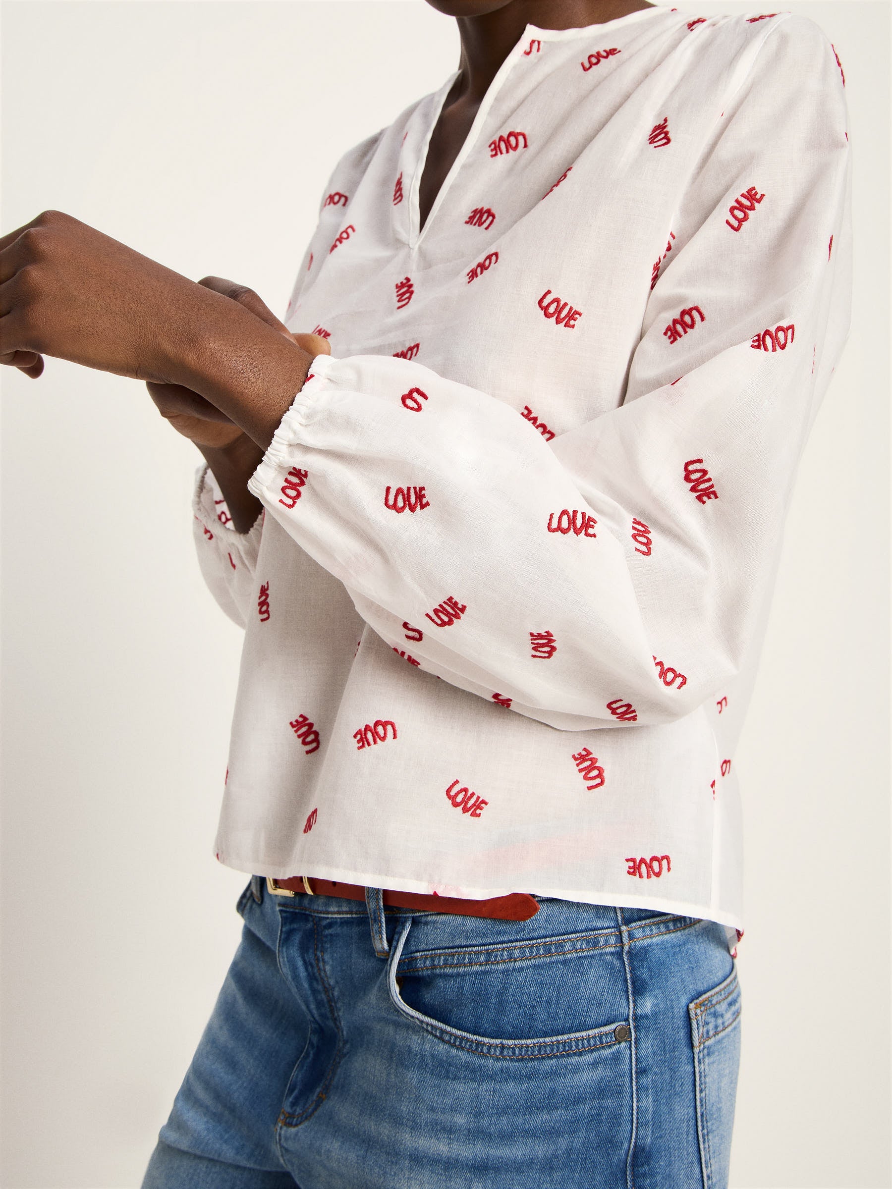 Langarm Bluse mit Kräuseln - Off White/ Love