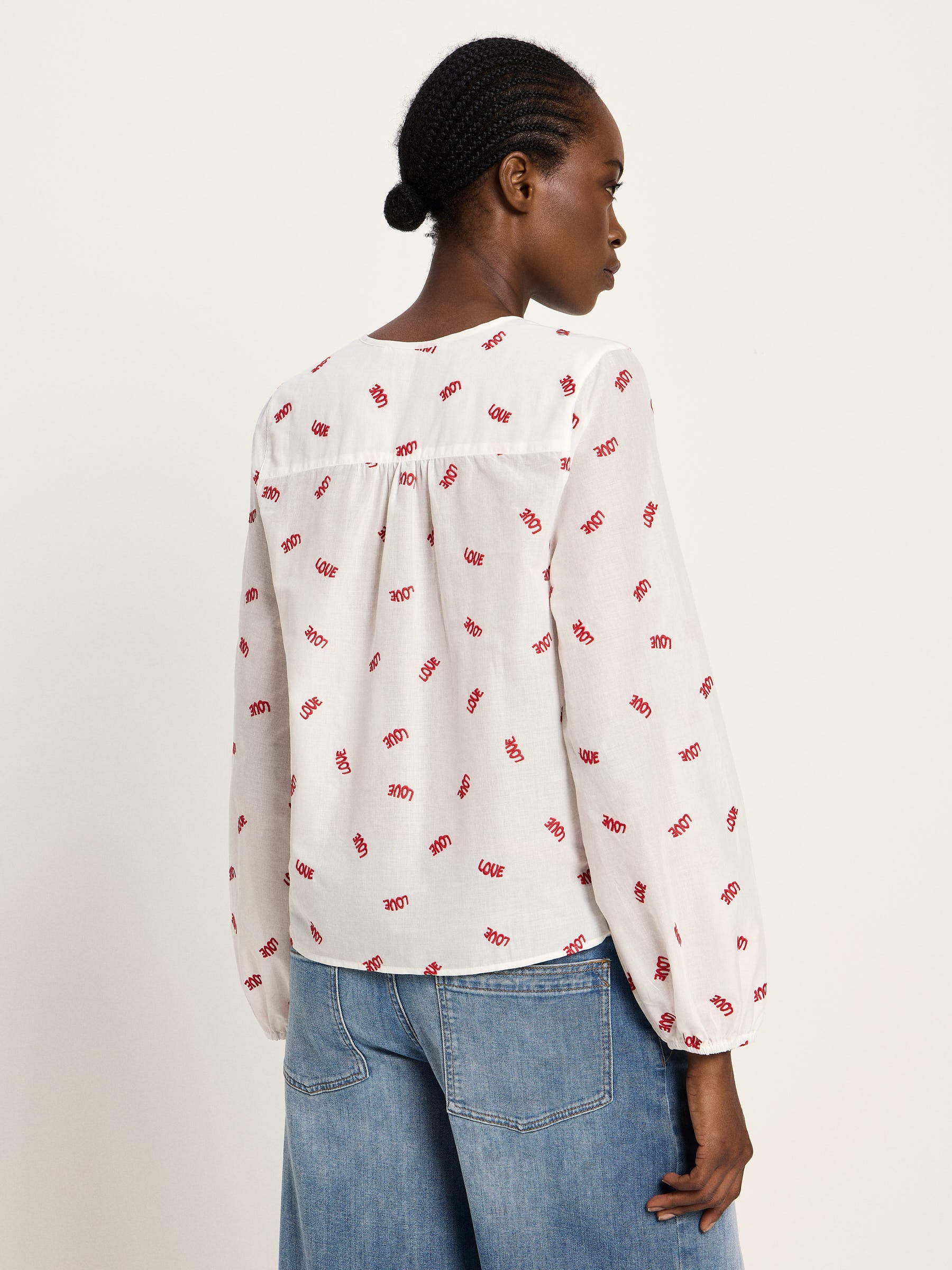 Langarm Bluse mit Kräuseln - Off White/ Love