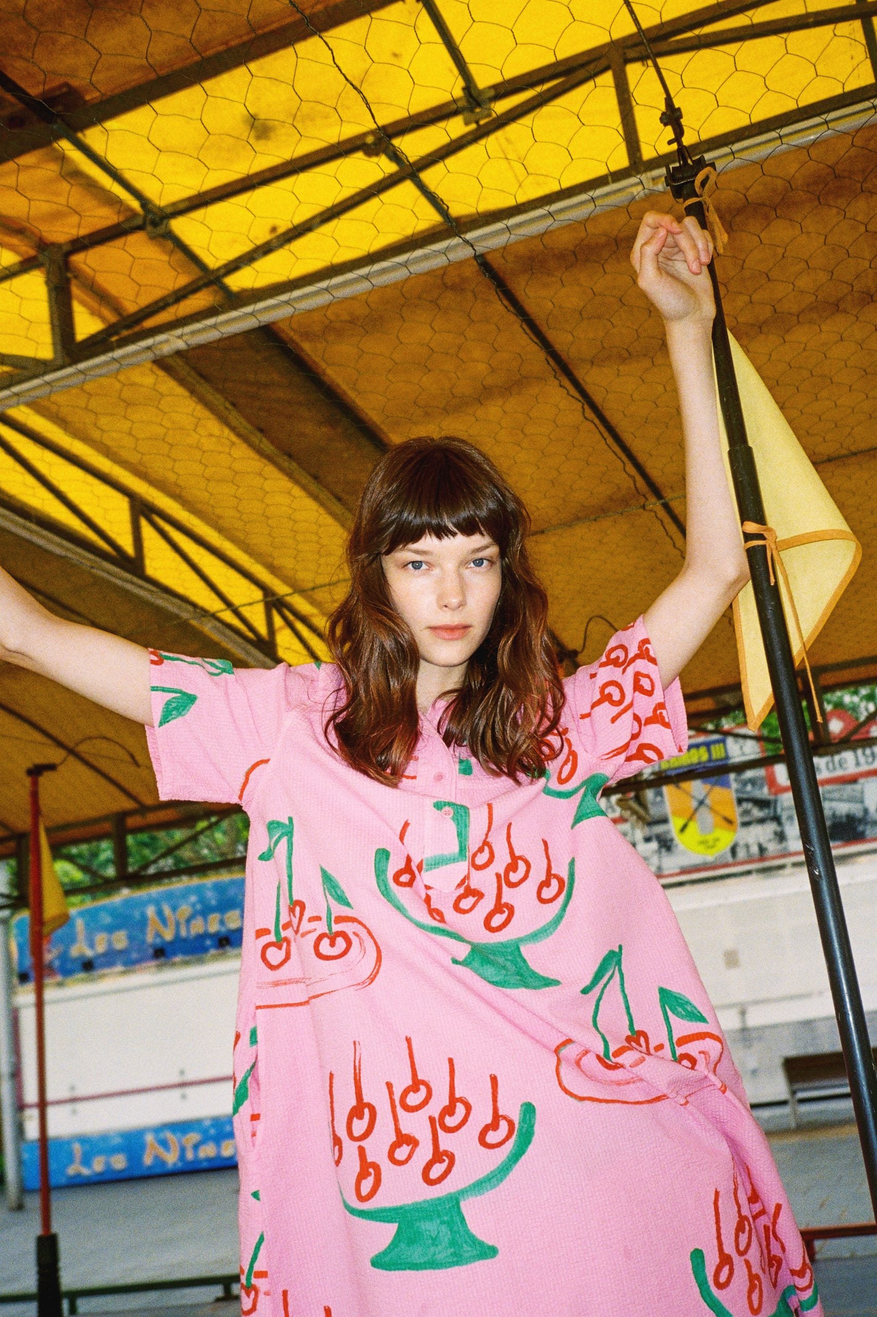 Cherry Print Mini Shirt Dress - Pink