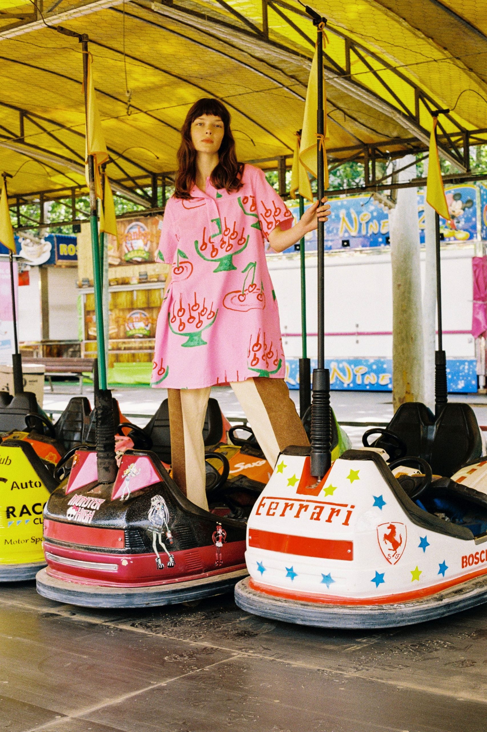 Cherry Print Mini Shirt Dress - Pink