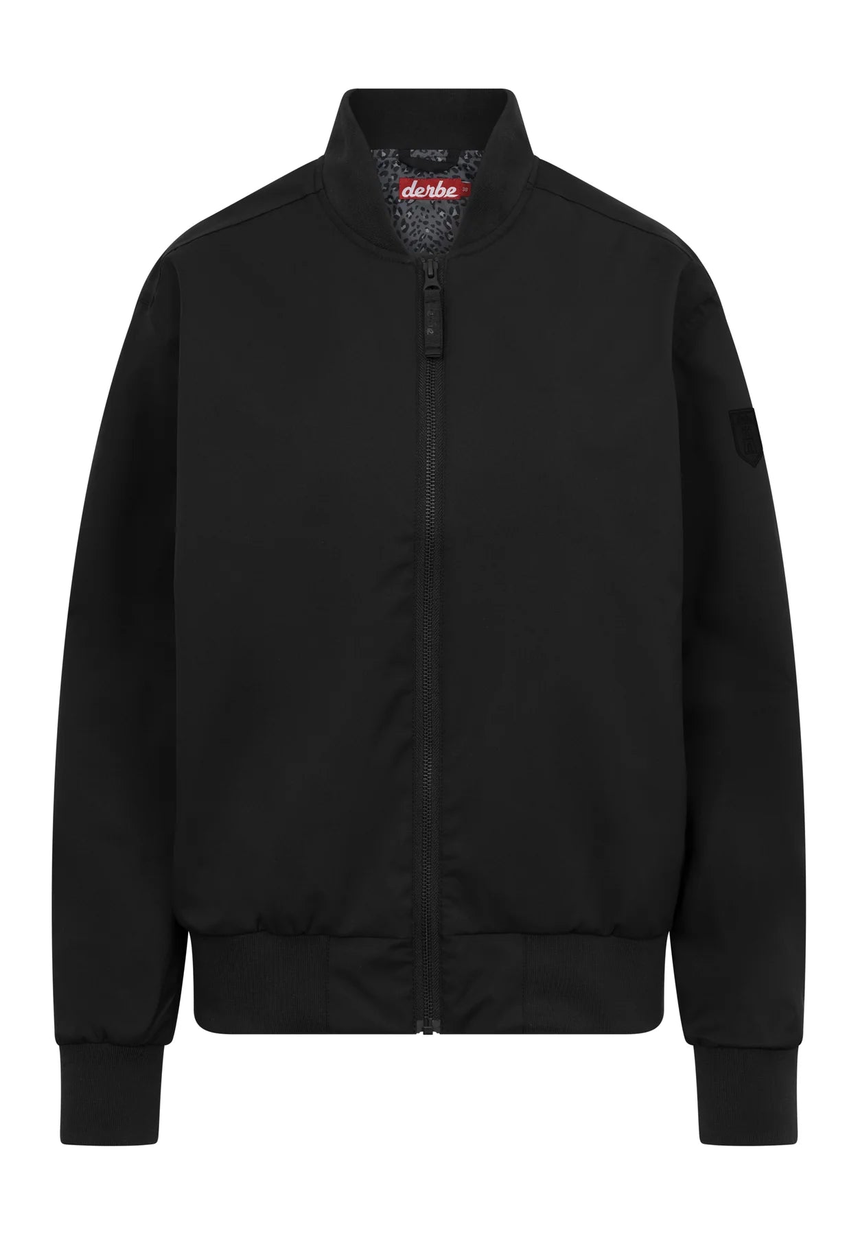 Schwarze Bomberjacke mit Reißverschluss und Markenlogo.
