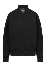 Schwarze Bomberjacke mit Reißverschluss und Markenlogo.