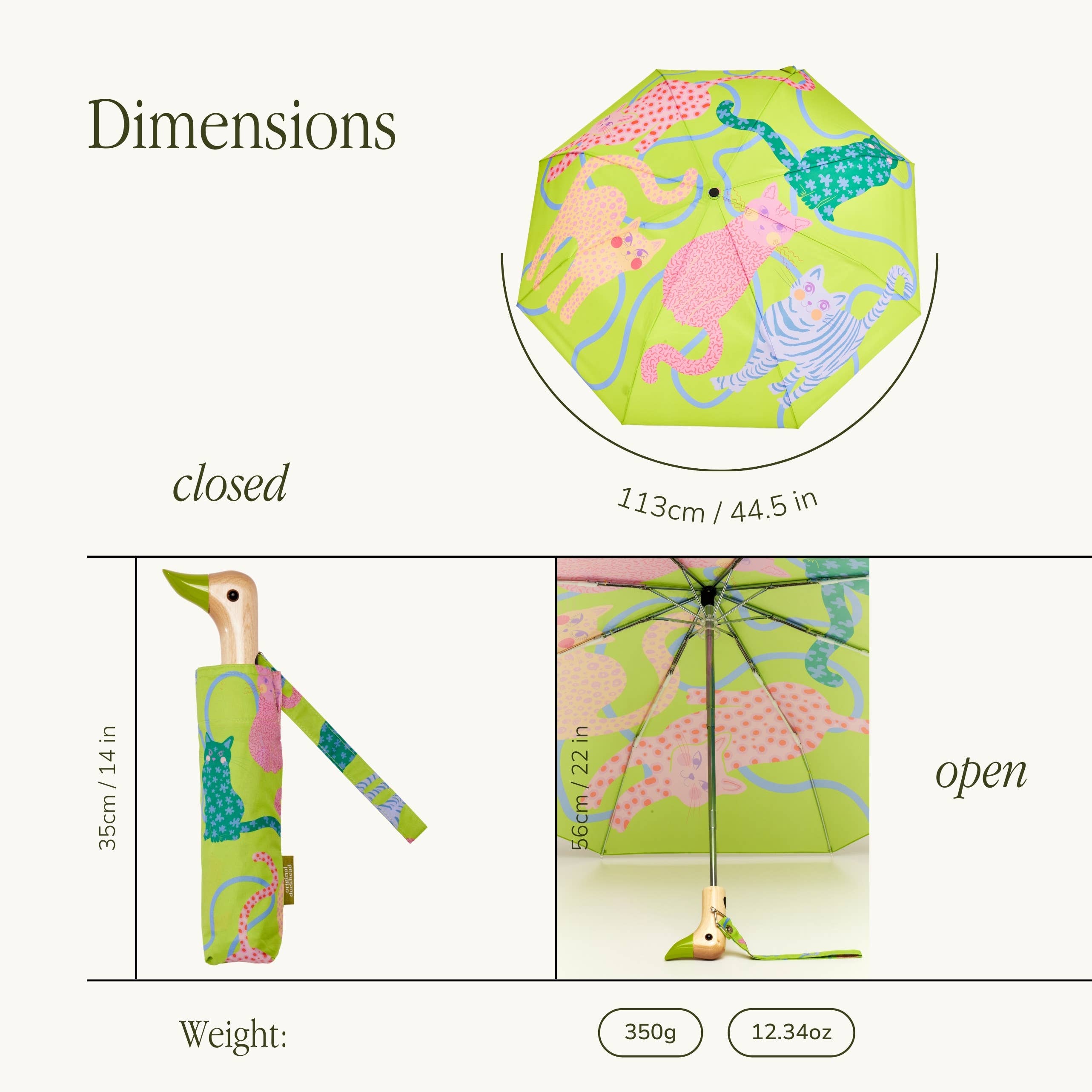 Limettengrüner Enten-Regenschirm mit Katzendruck