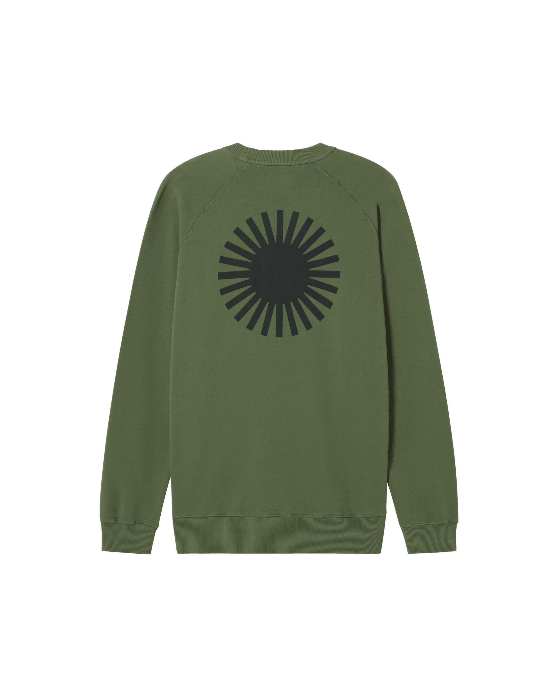 Grüner Pullover mit schwarzem Strahlenmuster auf dem Rücken.