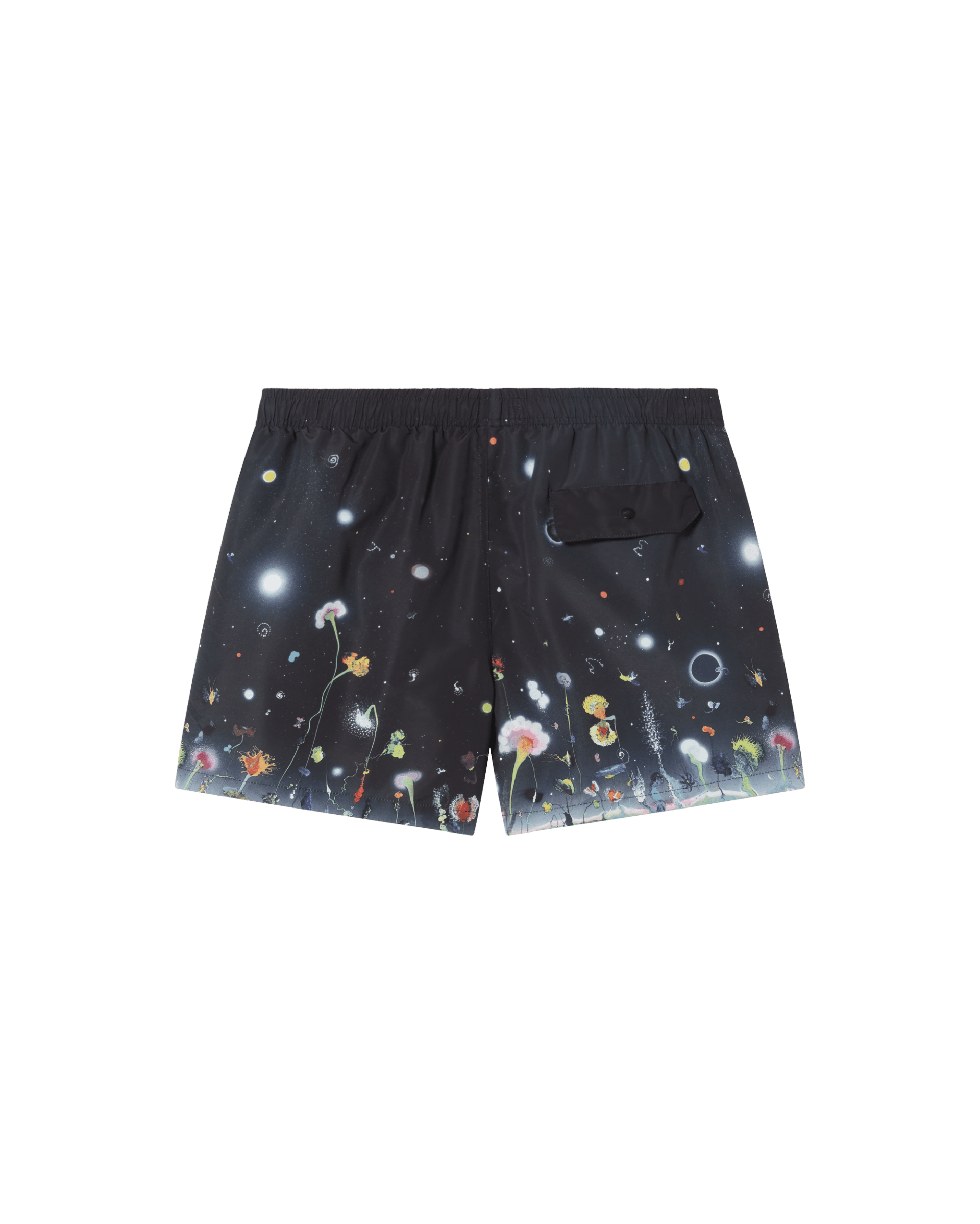 Schwarze Shorts mit Weltraum- und Blumenmuster.