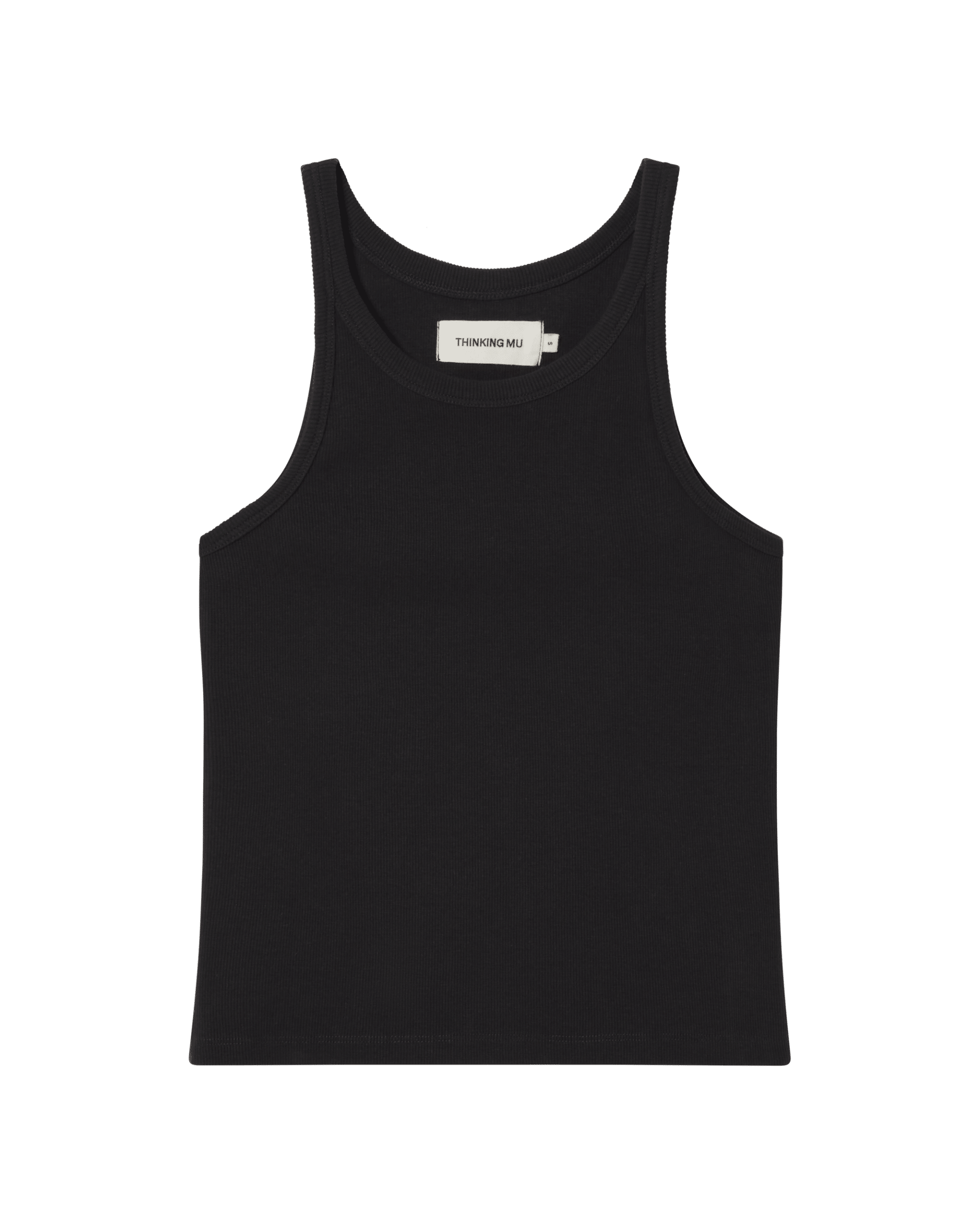 Schwarzes Tanktop ohne Ärmel auf grünem Hintergrund.